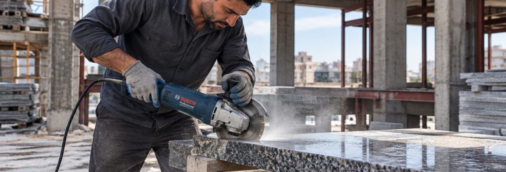 granite cutting bosch worker